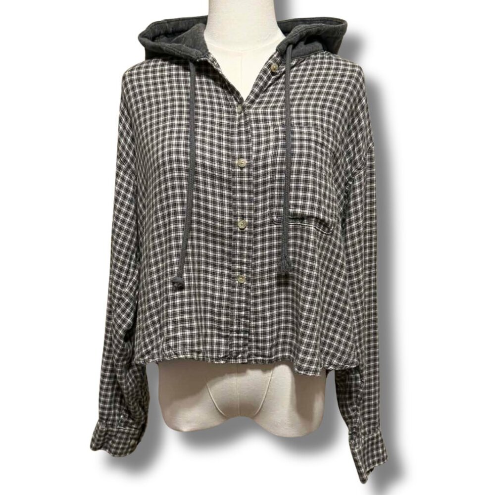 American Eagle Distressed Plaid Flannel Hoodie Shirt Sz M | Cropped Grunge Cozy